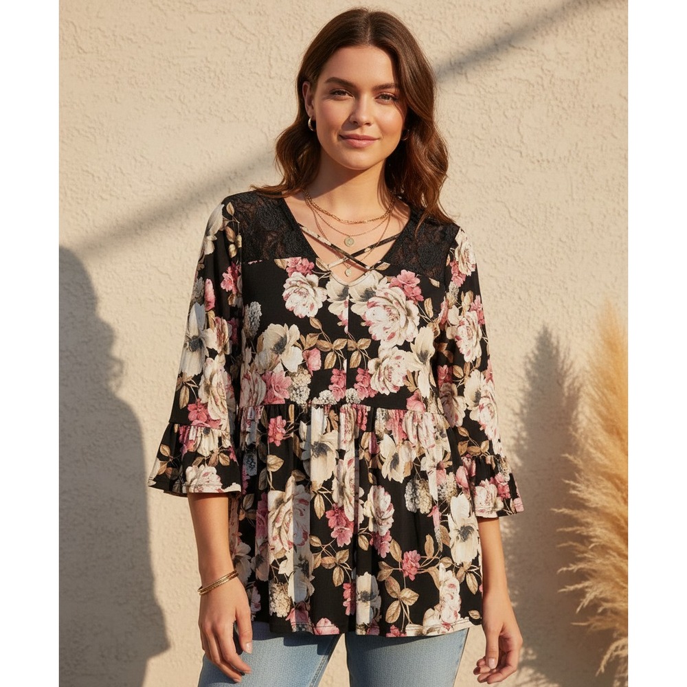 Ava James S Top Womens Black Pink Floral Lace Peplumā Boho Bloom Coquette Fairy